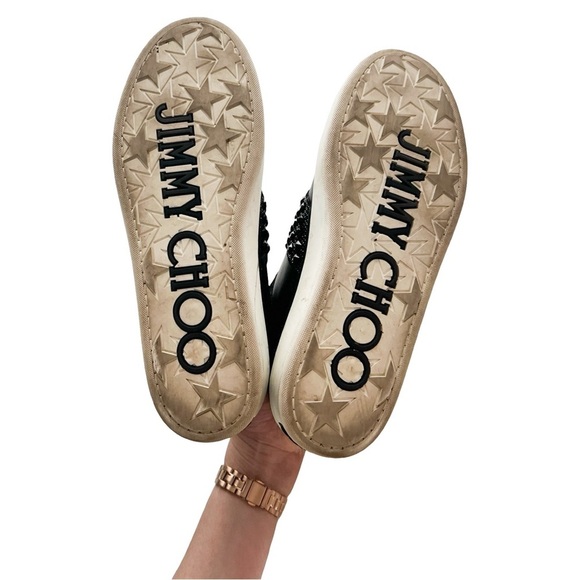 JIMMY CHOO Black Leather and Crystal Studded Suede Bells Lace Up Sneakers Sz 9.5 - Picture 7 of 7